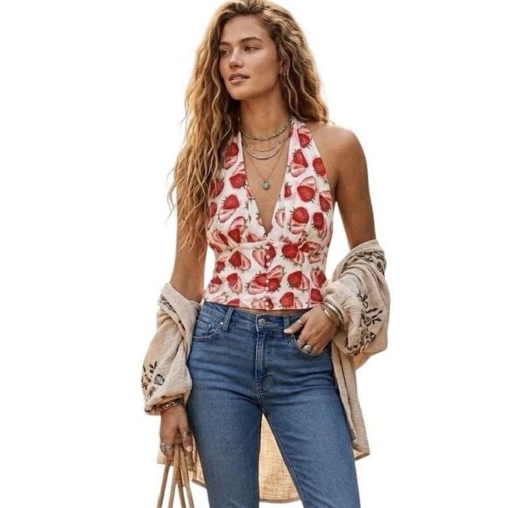 Retro Stage Womens Blouse Strawberry Mediterranean European Tomato Girl Sz XL